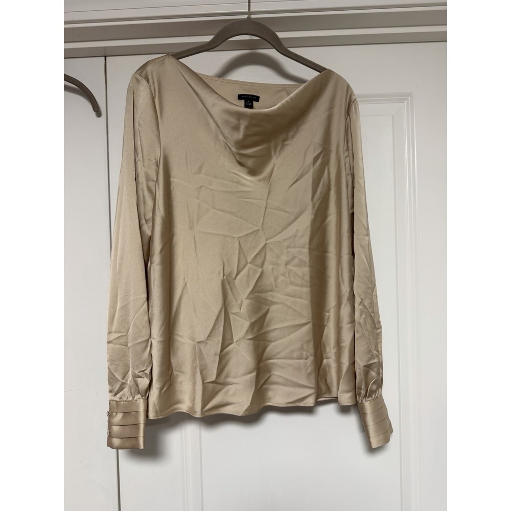 Ann Taylor beige satin blouse with a draped cowl neck, Beige, Size Medium‎